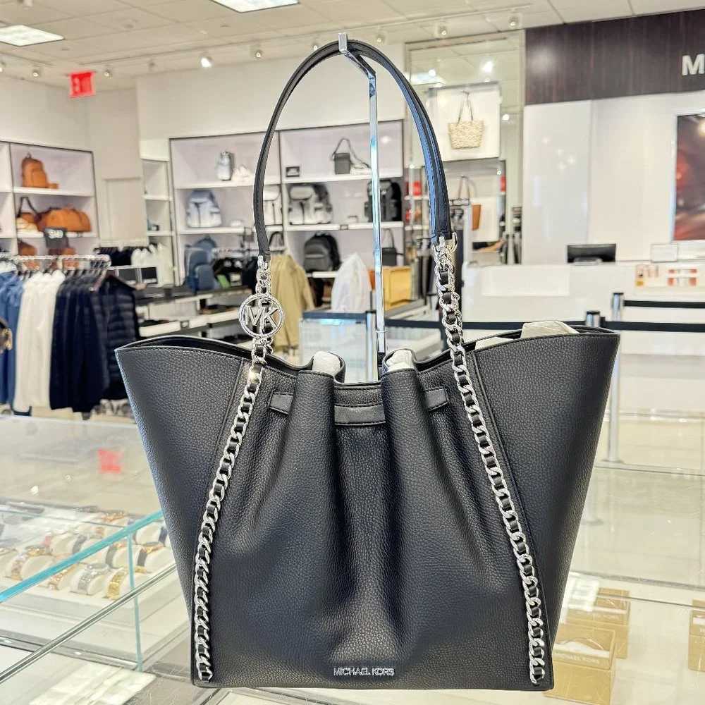 Michael Kors Mina Large Logo Belted Chain Shoulder Tote Bag Black/Silver HW